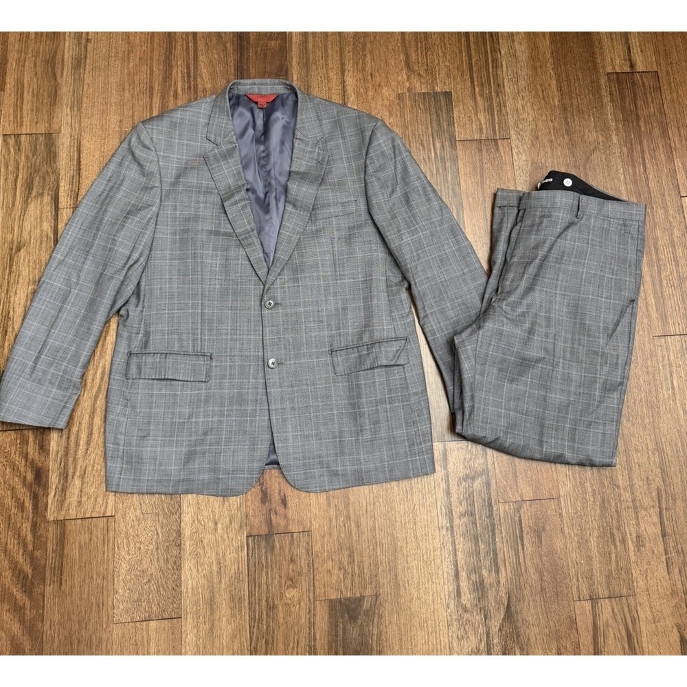 Maxman Super 140s Wool 46R Gray Plaid Mens Suit 40x31 Cuff